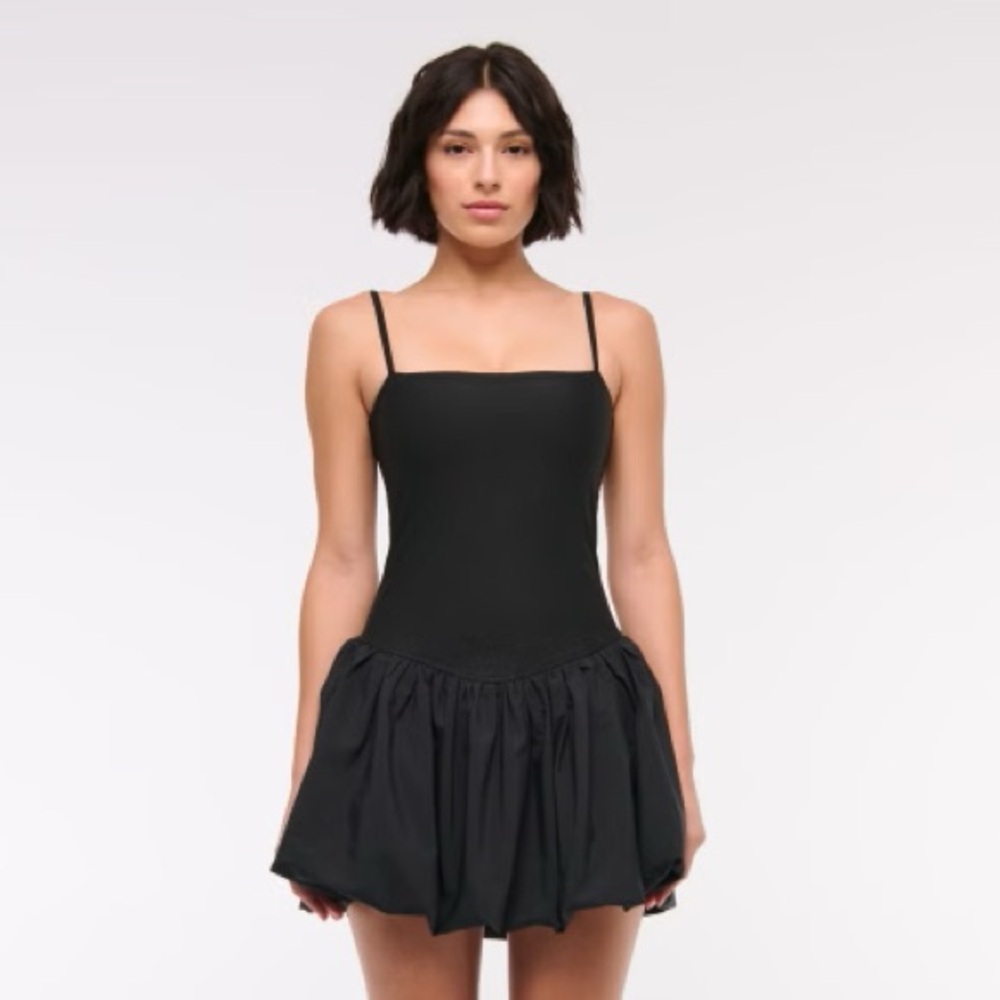 Black Spaghetti-Strap Mini Dress with Voluminous Skirt